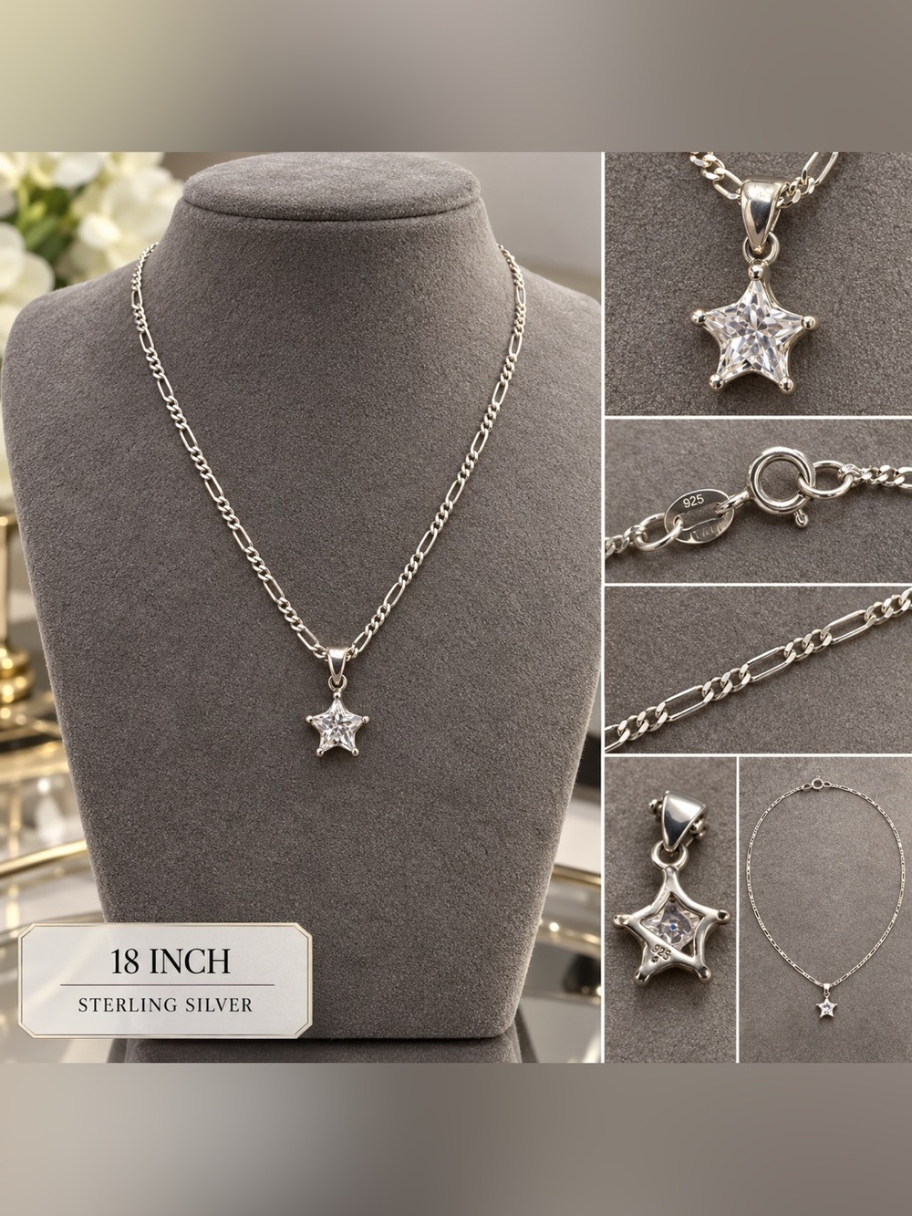 Sterling Silver Star Pendant Necklace - White Crystal